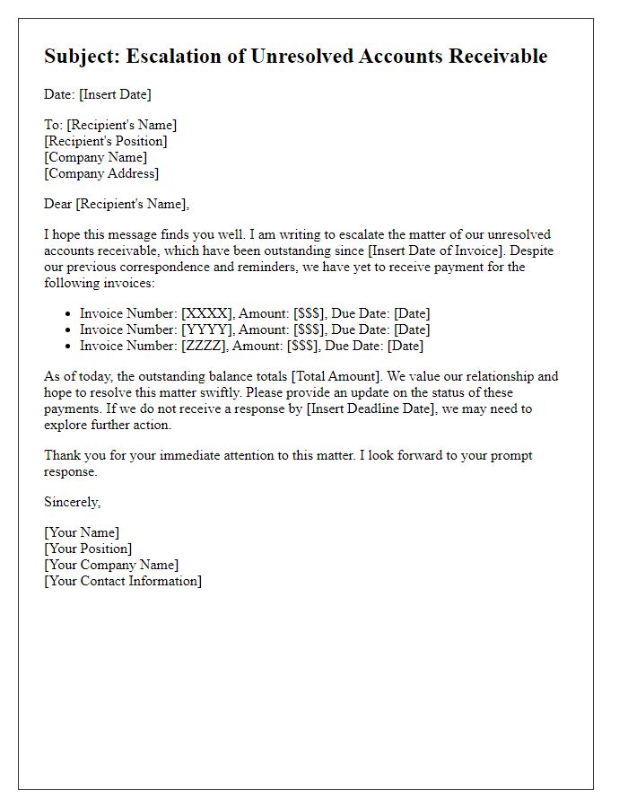 Letter template of escalation for unresolved accounts receivable