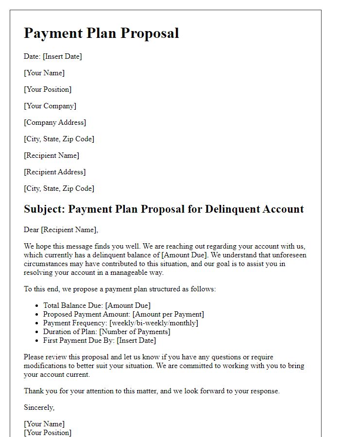 Letter template of payment plan proposal for delinquent accounts