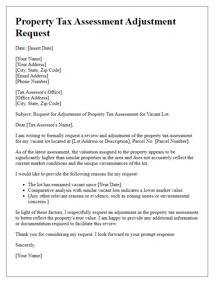 Letter template of property tax assessment adjustment request for vacant lots