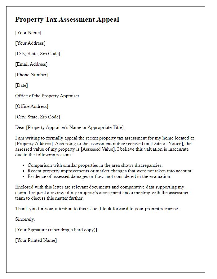 Letter template of property tax assessment appeal for homeowners