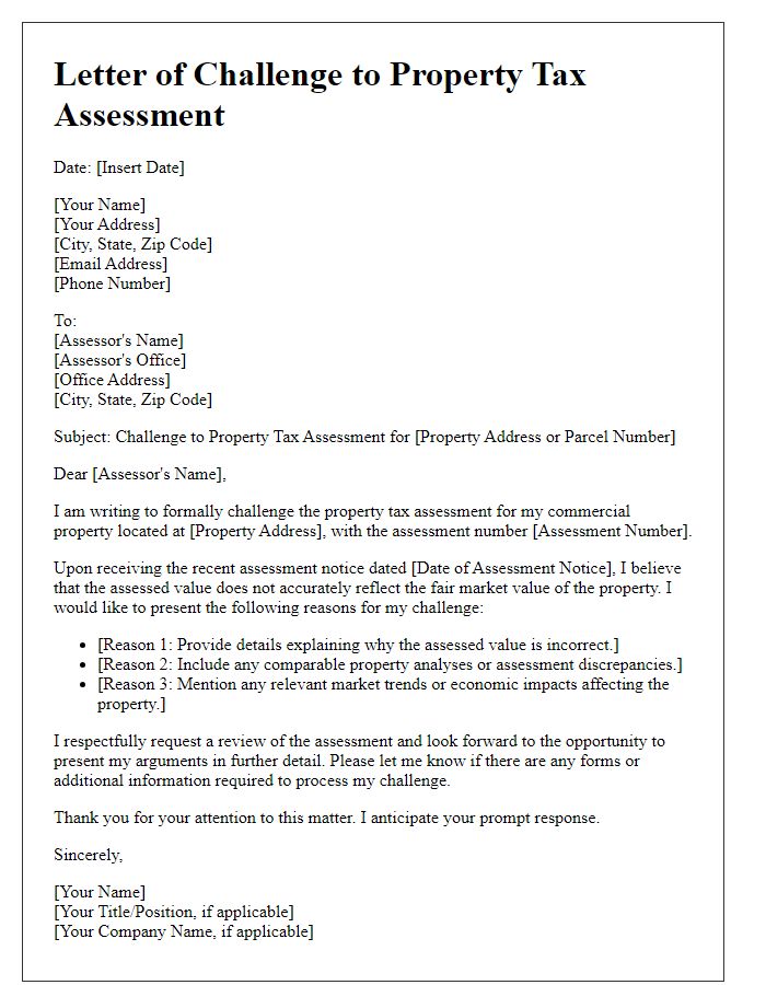 Letter template of property tax assessment challenge for commercial properties