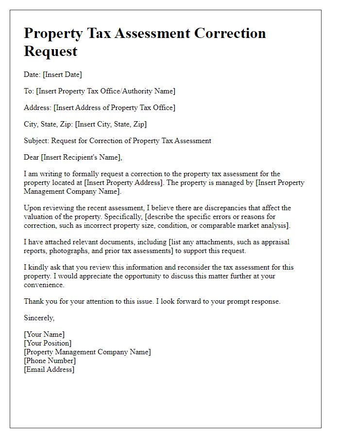 Letter template of property tax assessment correction request for property management