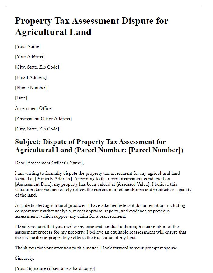 Letter template of property tax assessment dispute for agricultural land