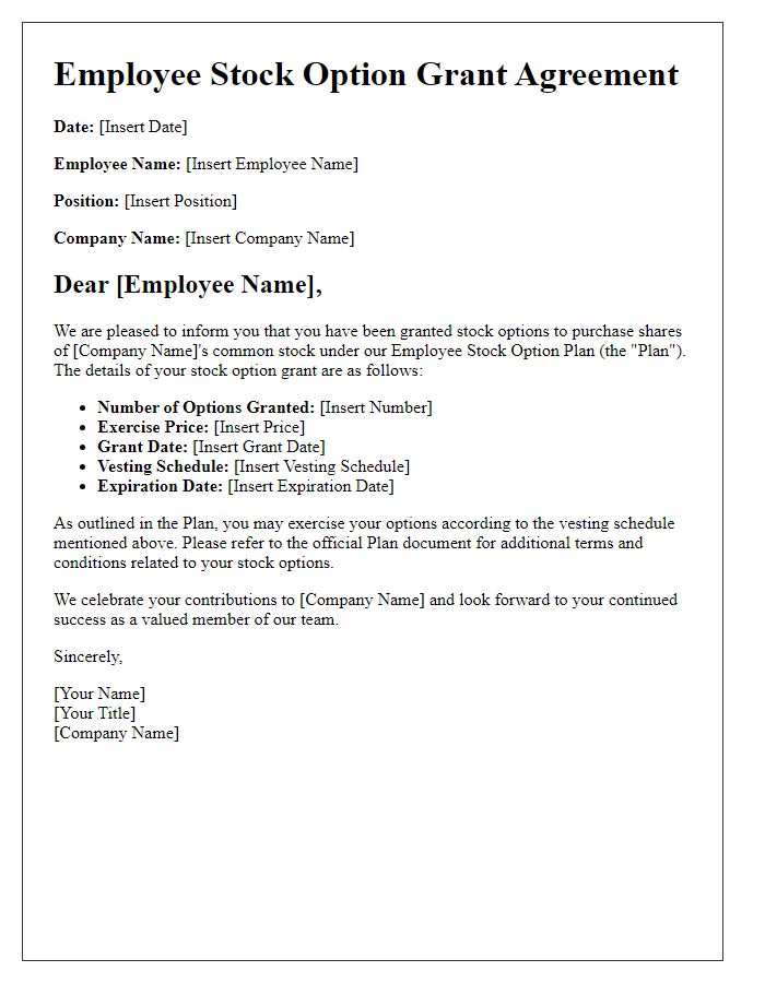 Letter template of employee stock option grant agreement.