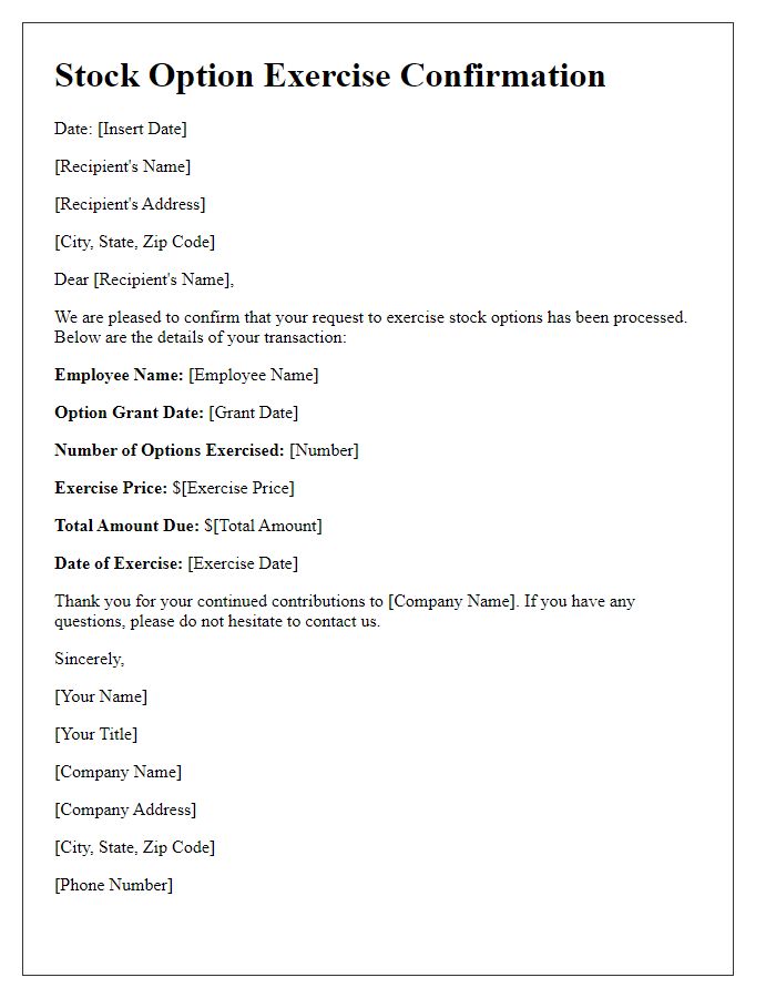 Letter template of stock option exercise confirmation.