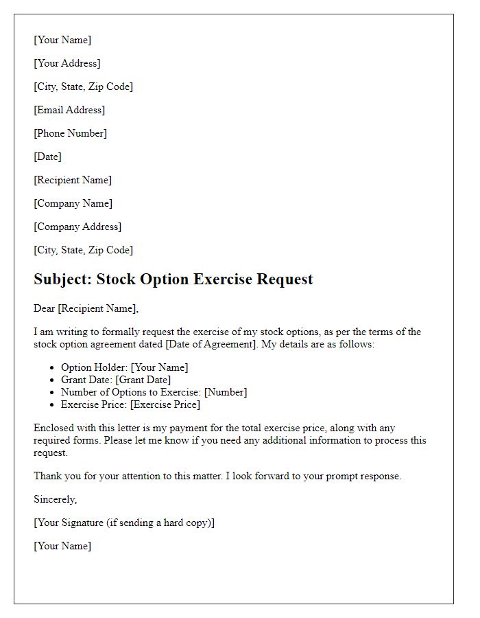 Letter template of stock option exercise request.