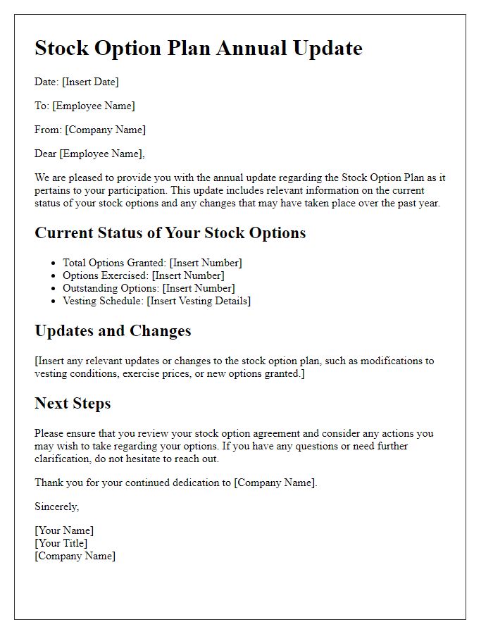 Letter template of stock option plan annual update.