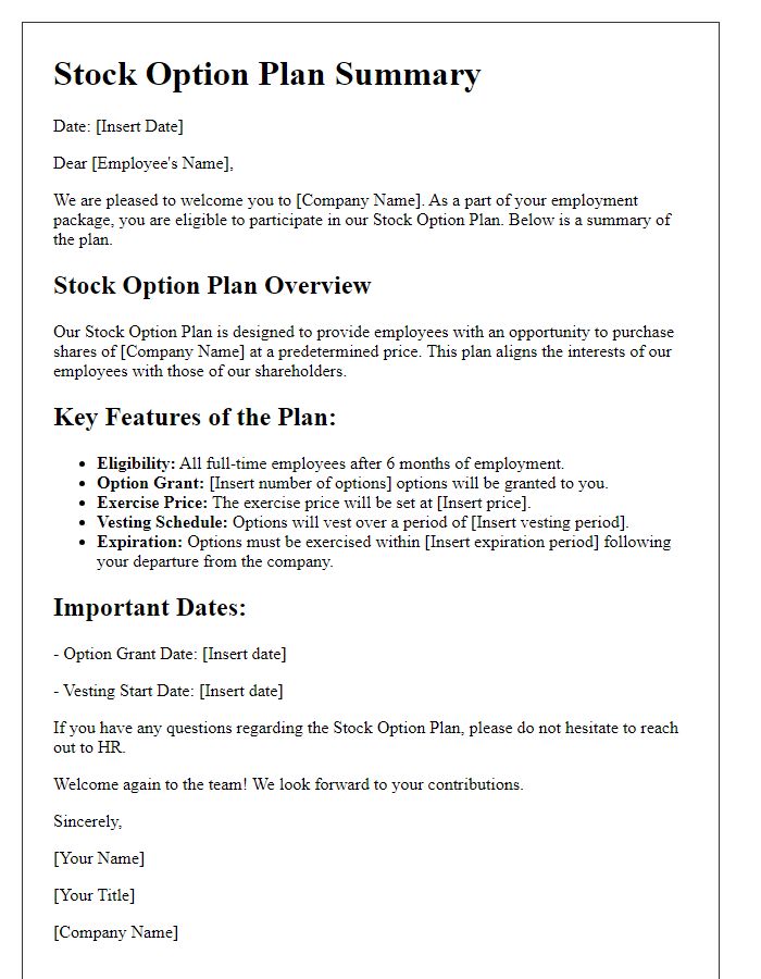 Letter template of stock option plan summary for new employees.