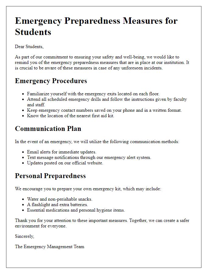 Letter template of emergency preparedness measures for students.