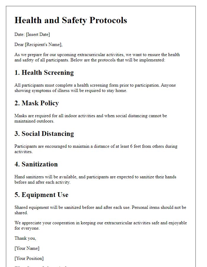 Letter template of health and safety protocols for extracurricular activities.