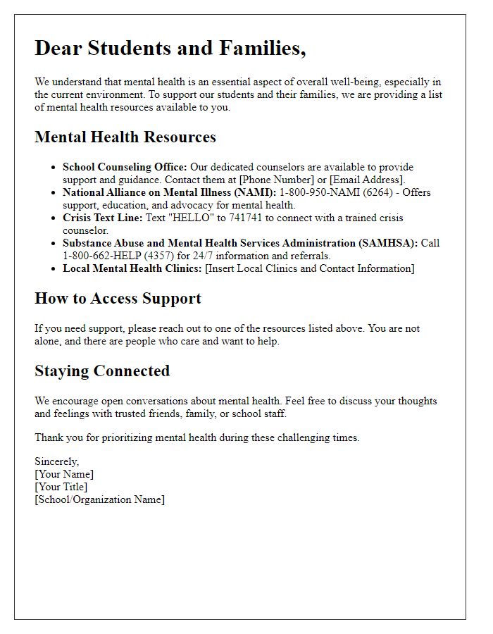 Letter template of mental health resources for students and families.