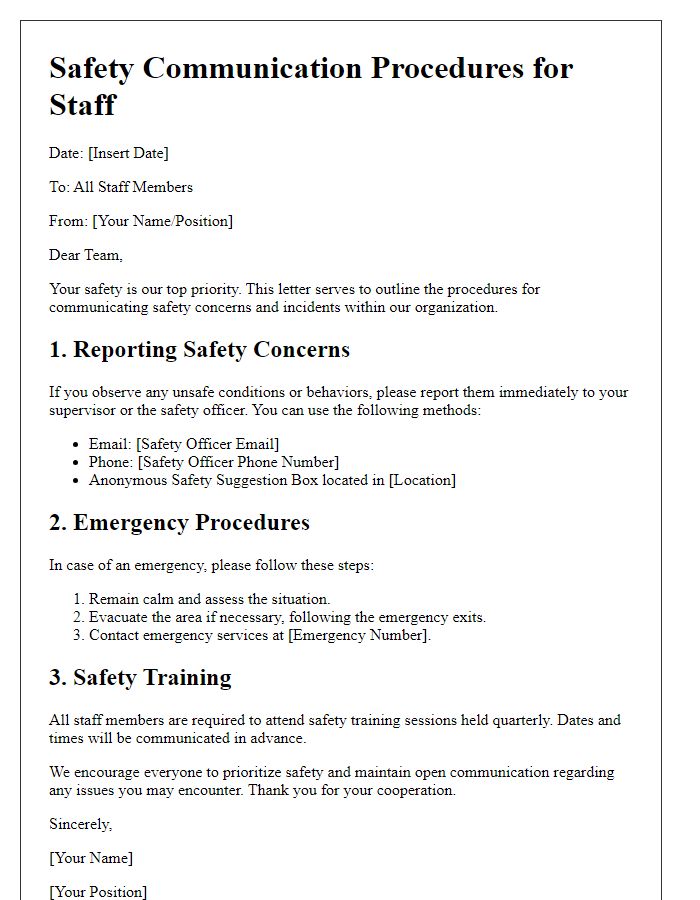 Letter template of safety communication procedures for staff.