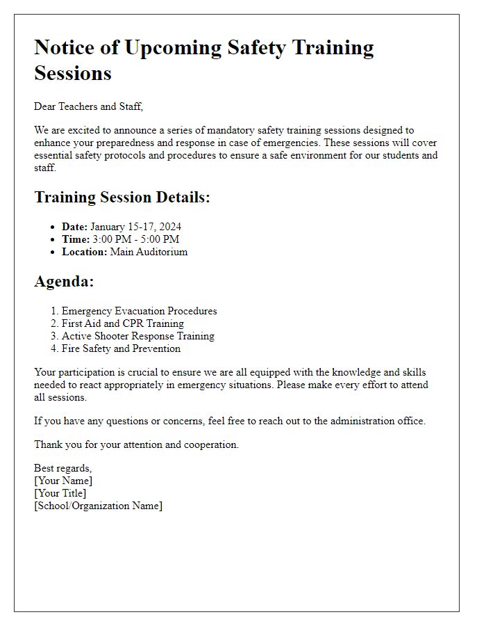 Letter template of safety training sessions for teachers and staff.