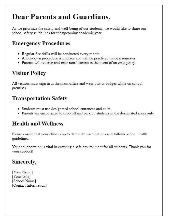 Letter template of school safety guidelines for parents.