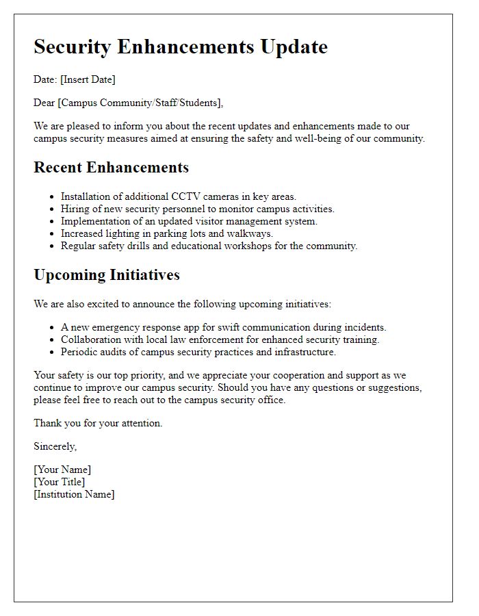 Letter template of updates on security enhancements for the campus.