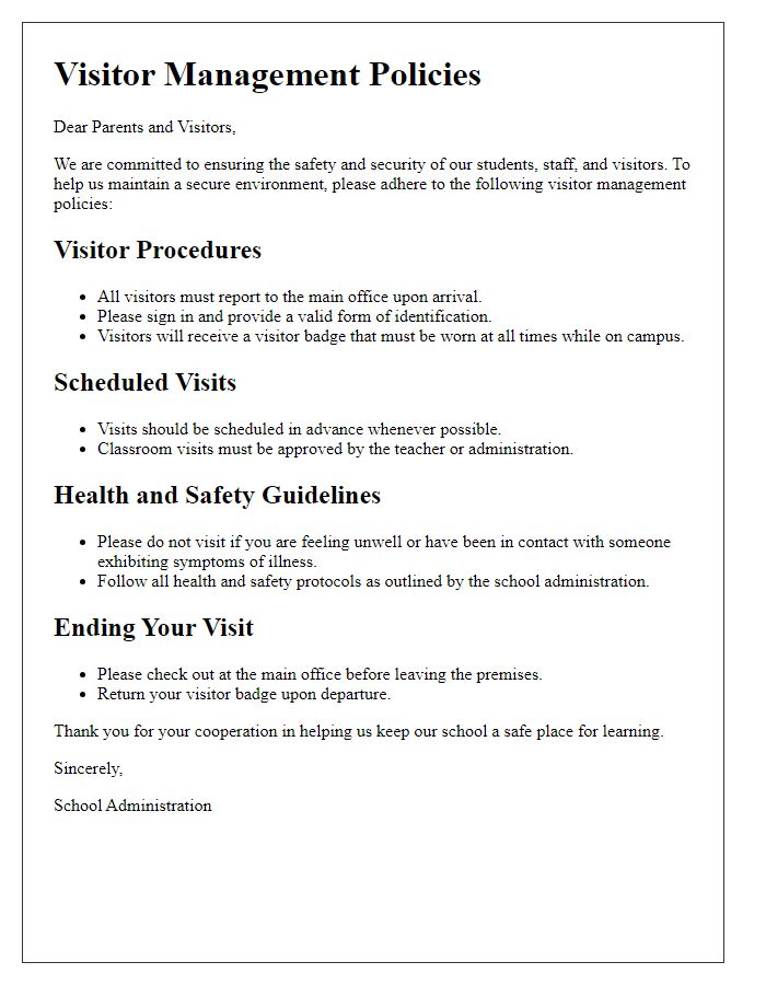 Letter template of visitor management policies for the school.