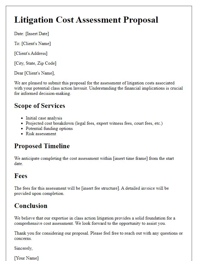 Letter template of litigation cost assessment proposal for class action suits.