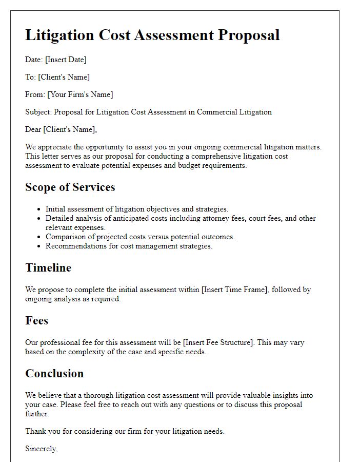 Letter template of litigation cost assessment proposal for commercial litigation.