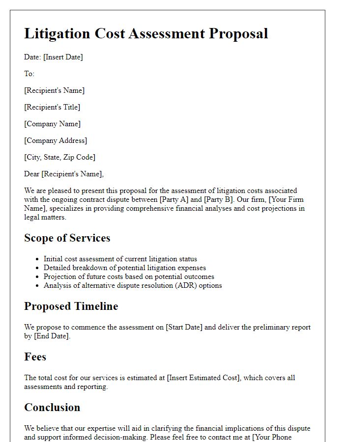 Letter template of litigation cost assessment proposal for contract disputes.