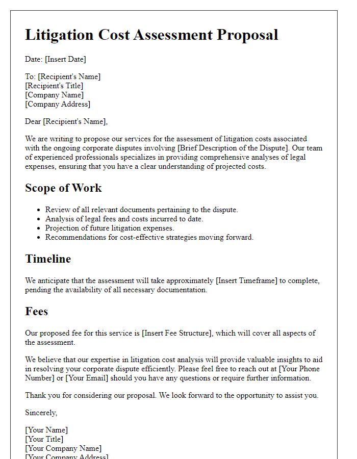 Letter template of litigation cost assessment proposal for corporate disputes.