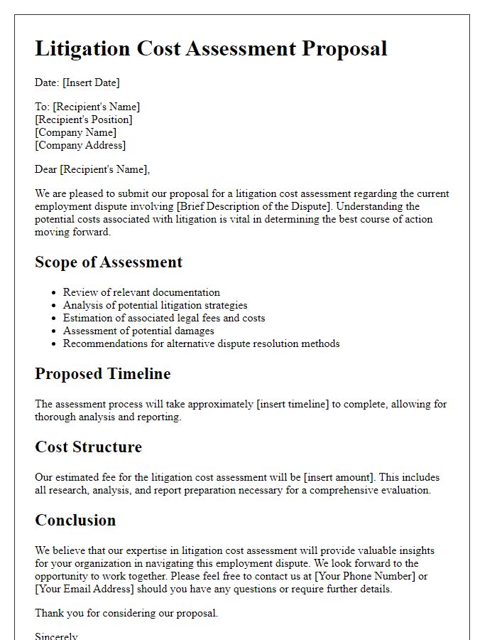 Letter template of litigation cost assessment proposal for employment disputes.