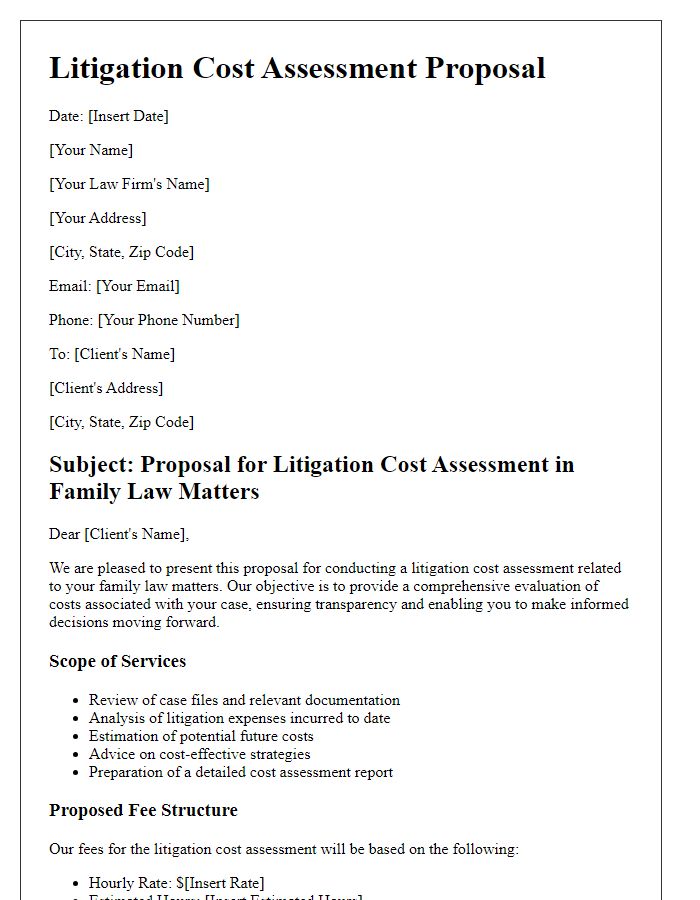 Letter template of litigation cost assessment proposal for family law matters.