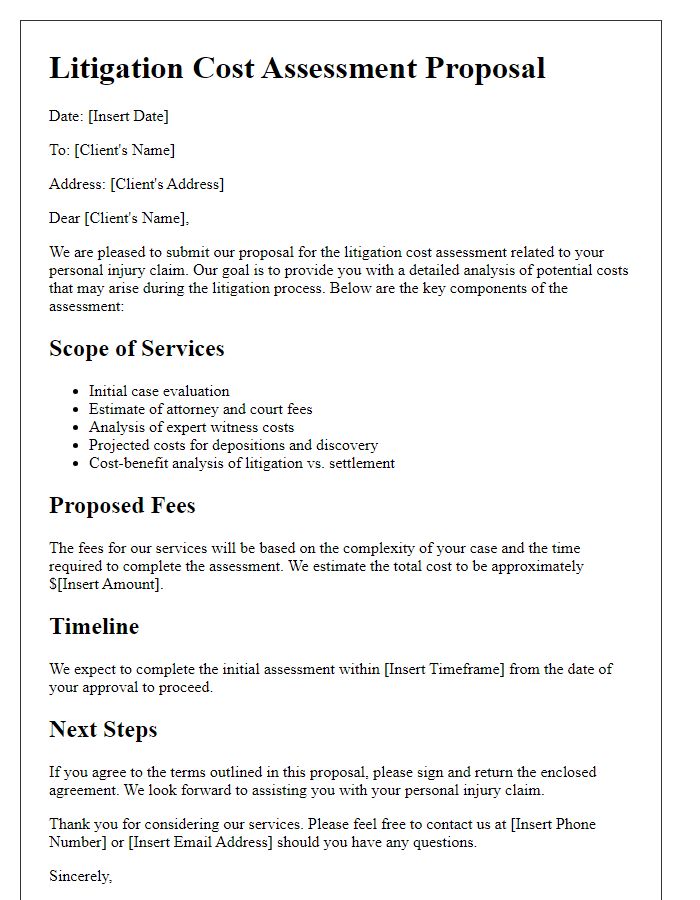 Letter template of litigation cost assessment proposal for personal injury claims.