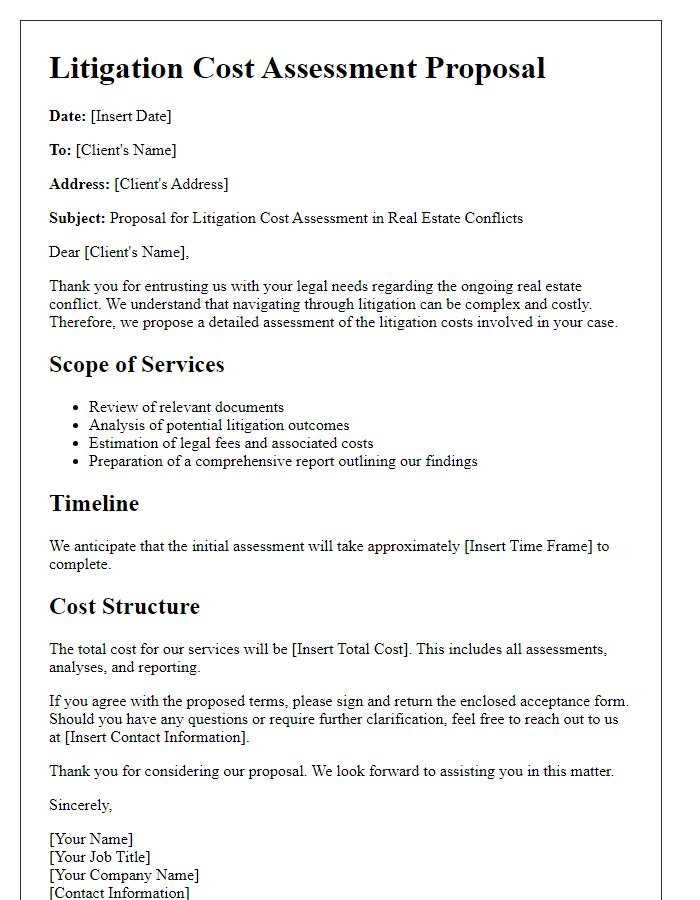 Letter template of litigation cost assessment proposal for real estate conflicts.