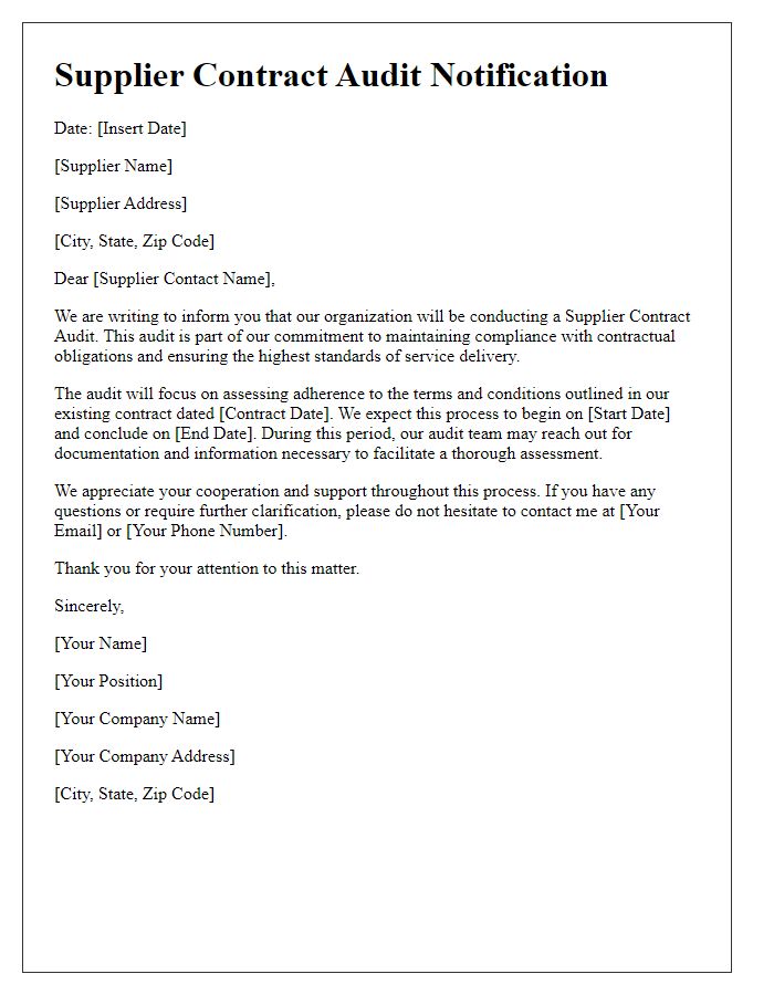 Letter template of Supplier Contract Audit Notification for Contractual Obligations Assessment