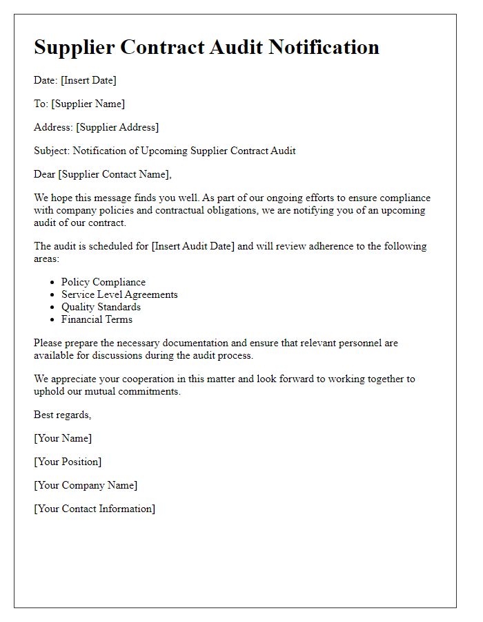 Letter template of Supplier Contract Audit Notification for Policy Adherence