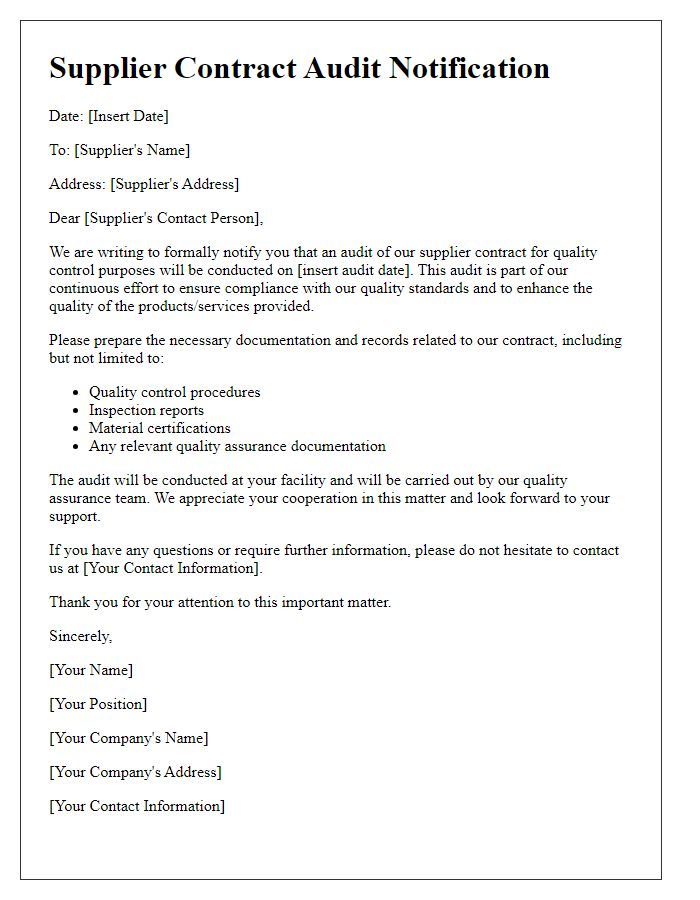 Letter template of Supplier Contract Audit Notification for Quality Control