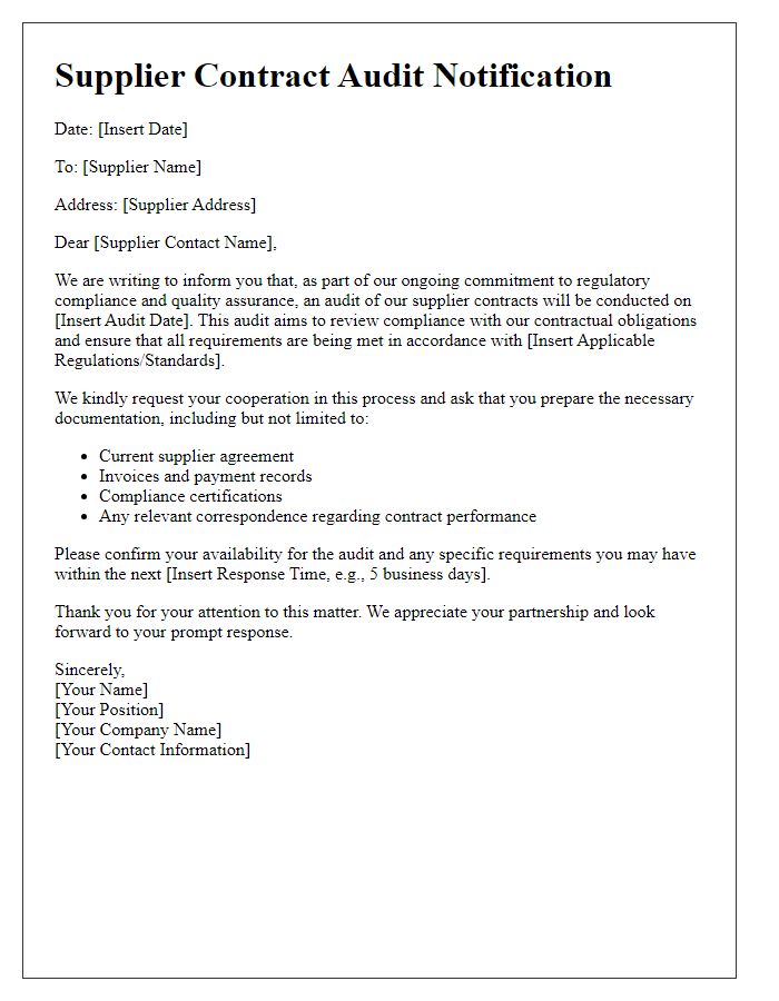 Letter template of Supplier Contract Audit Notification for Regulatory Compliance