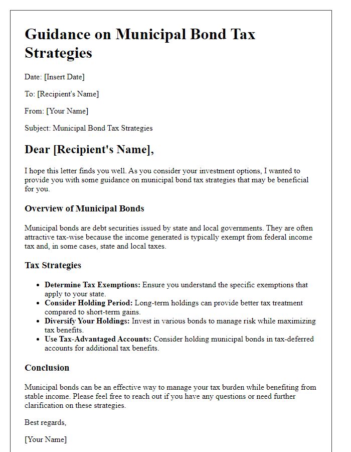 Letter template of guidance on municipal bond tax strategies