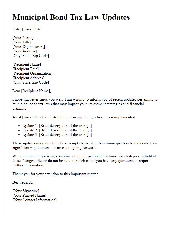 Letter template of municipal bond tax law updates