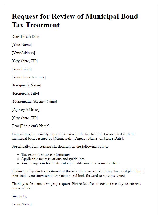 Letter template of municipal bond tax treatment review request