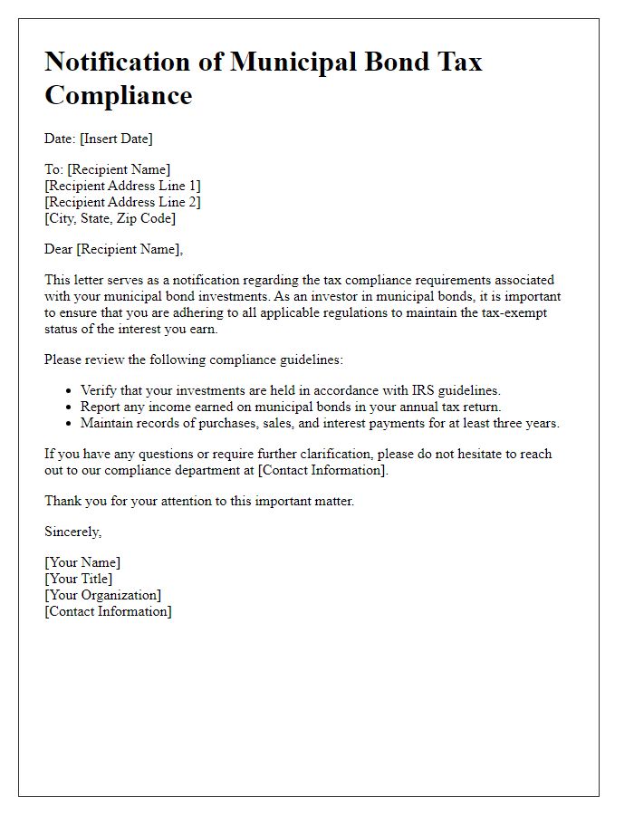 Letter template of notification regarding municipal bond tax compliance