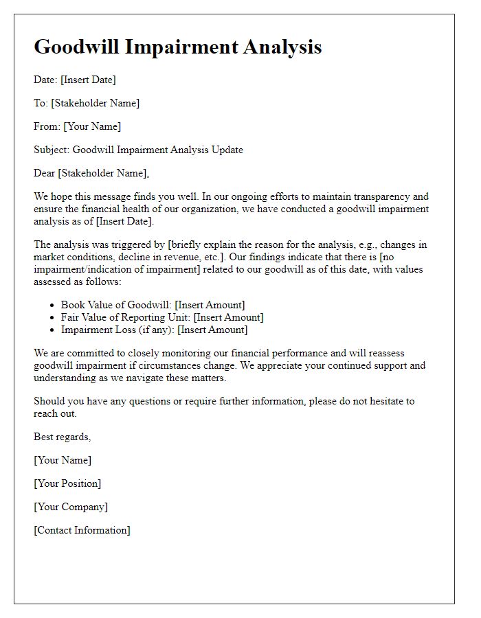 Letter template of goodwill impairment analysis for stakeholders