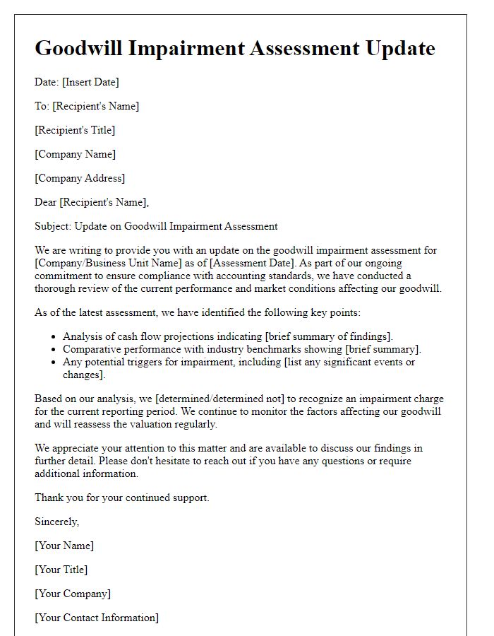 Letter template of goodwill impairment assessment update