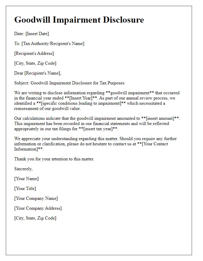 Letter template of goodwill impairment disclosure for tax purposes