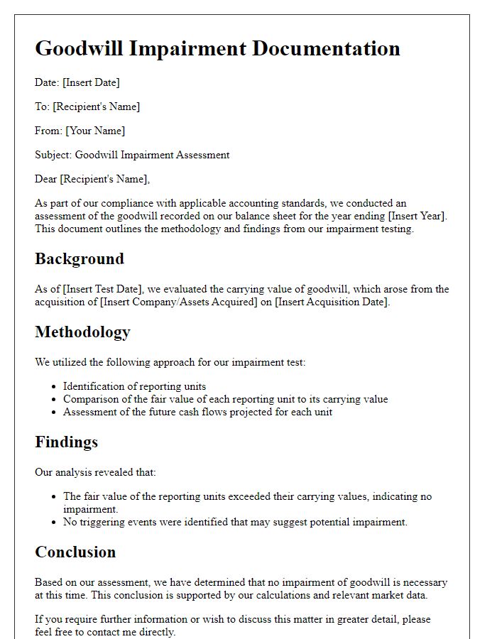 Letter template of goodwill impairment documentation for compliance