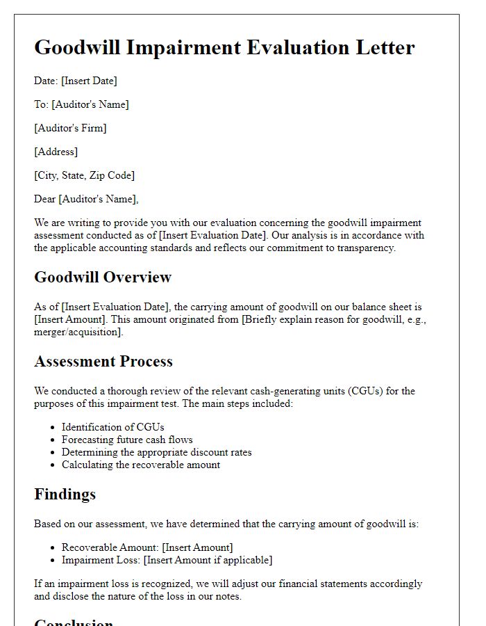 Letter template of goodwill impairment evaluation for auditors