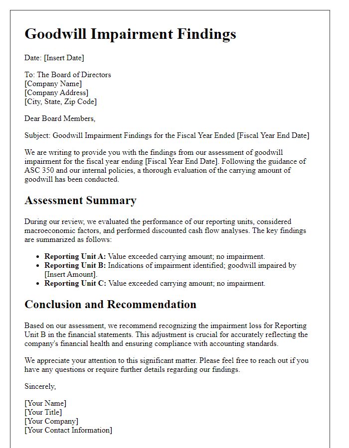 Letter template of goodwill impairment findings for the board