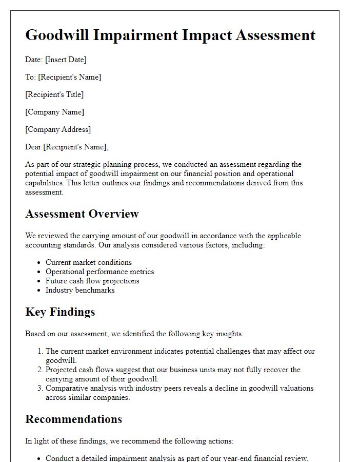 Letter template of goodwill impairment impact assessment for strategic planning