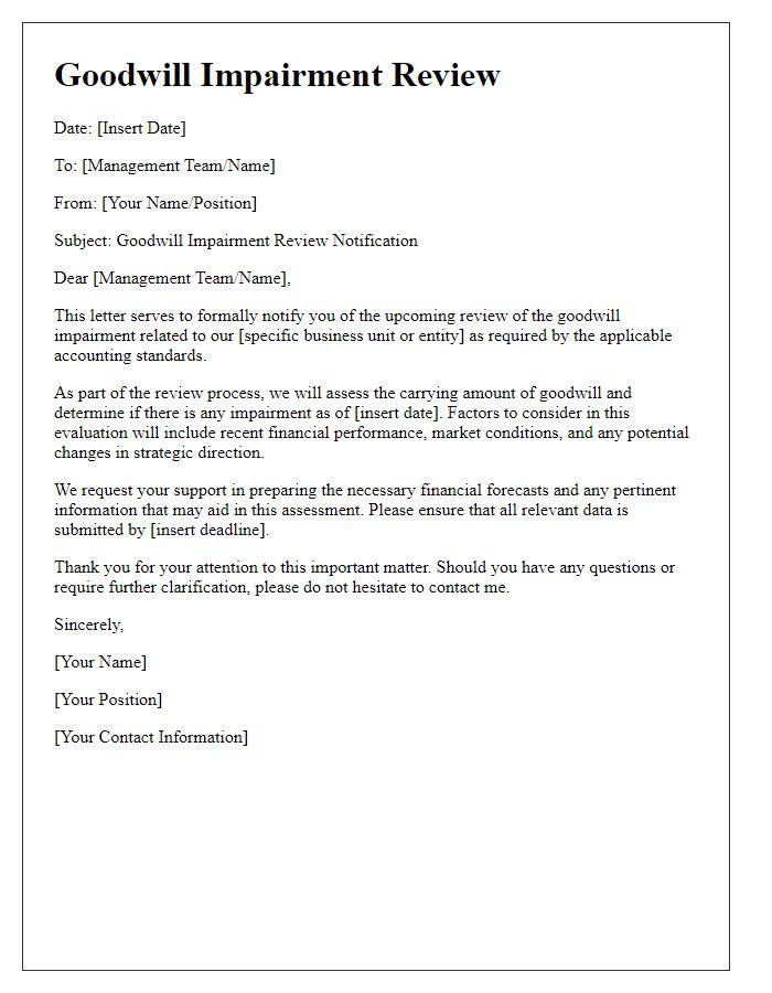 Letter template of goodwill impairment review for management