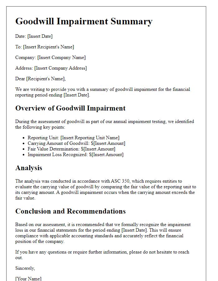 Letter template of goodwill impairment summary for financial reporting