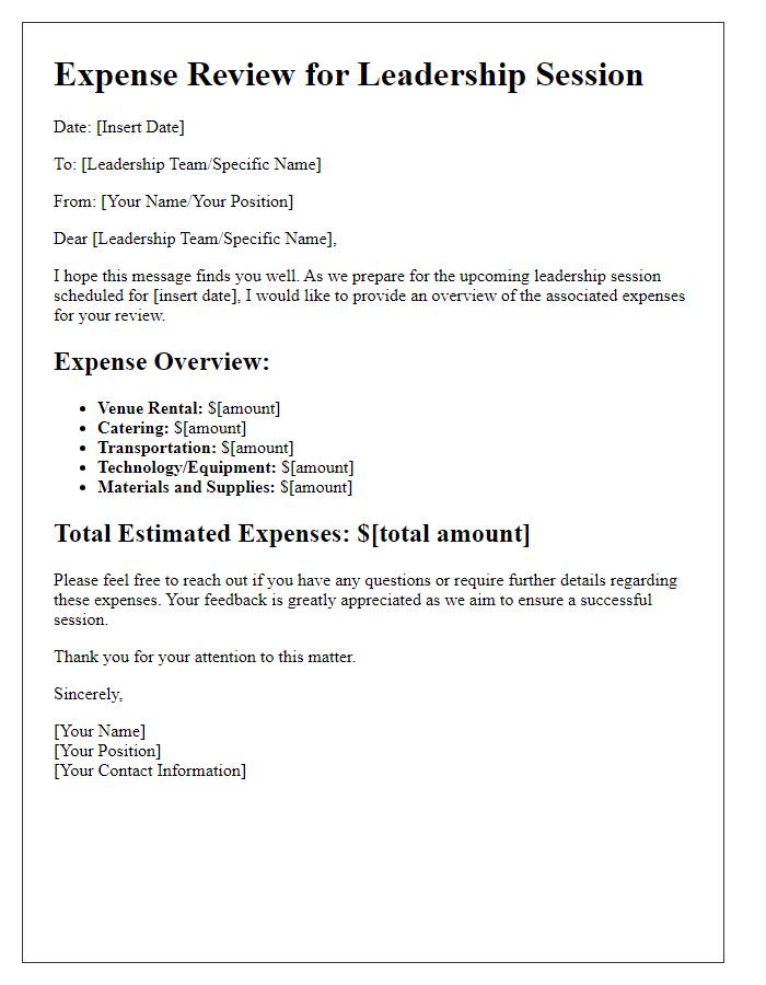 Letter template of expense review for leadership session