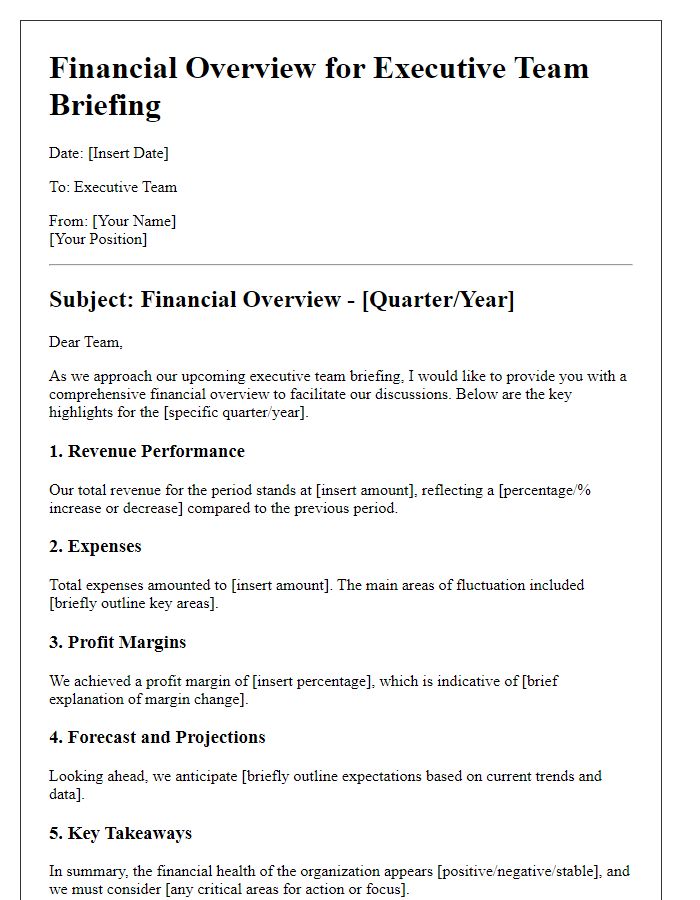 Letter template of financial overview for executive team briefing