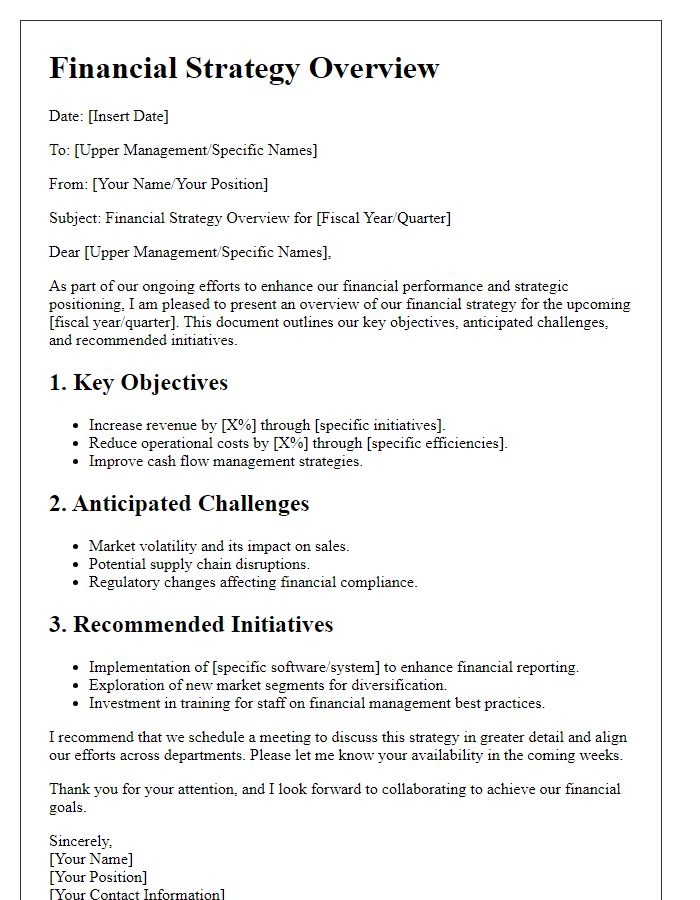 Letter template of financial strategy overview for upper management