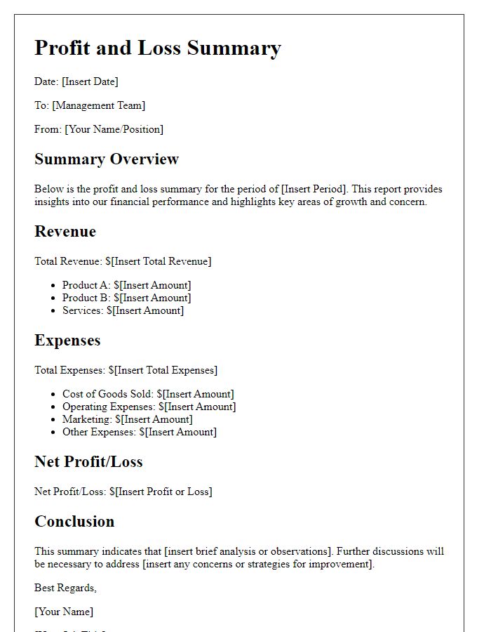 Letter template of profit and loss summary for management brief