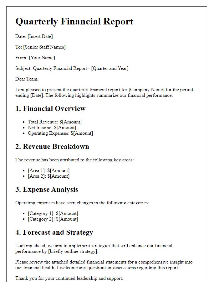 Letter template of quarterly financial report for senior staff